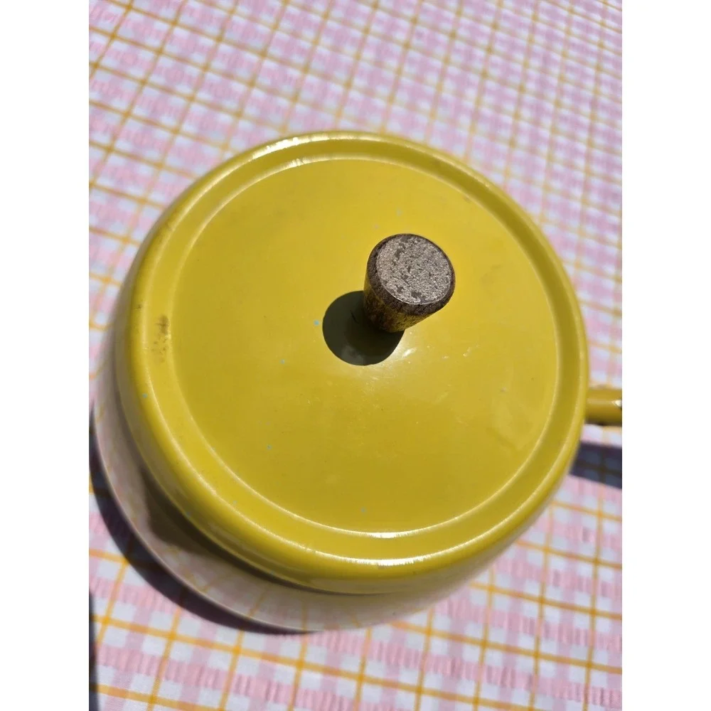 Vintage MCM Mustard Yellow Fondue Pot w Wood Handle Made in Japan 12